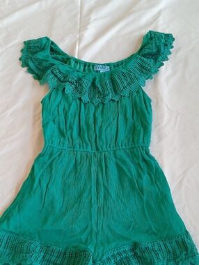 Green Off-Shoulder Lace Trim Romper